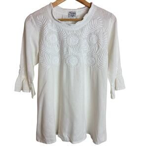 Ole San Miguel White Embroidered Linen Rayon Peasant Top Tunic Boho Size M